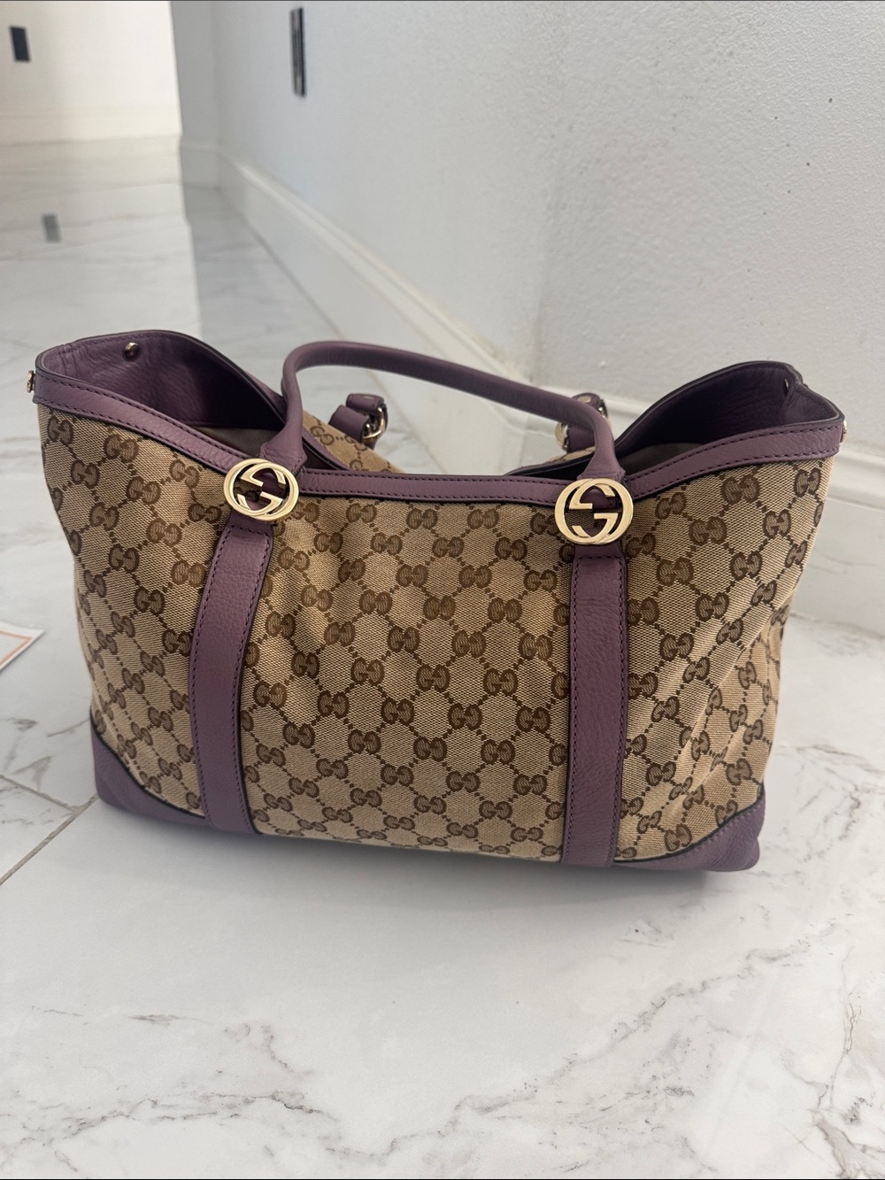 Gucci Beige GG Canvas Tote with Purple Trim and Gold Hardware - Picture 8 of 13